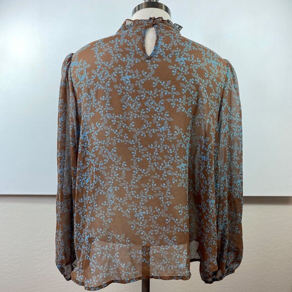 Ana Womens Brown Blue Floral Chiffon Blouse Ruffle Neck Keyhole Back Size 2X - Picture 2 of 7